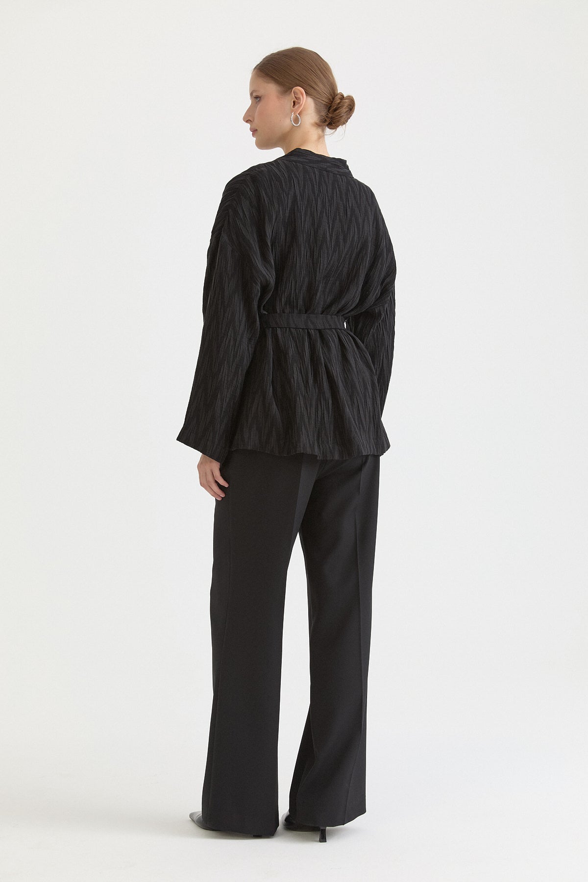 Kısa Bağlamalı Lyocell Kimono - Siyah