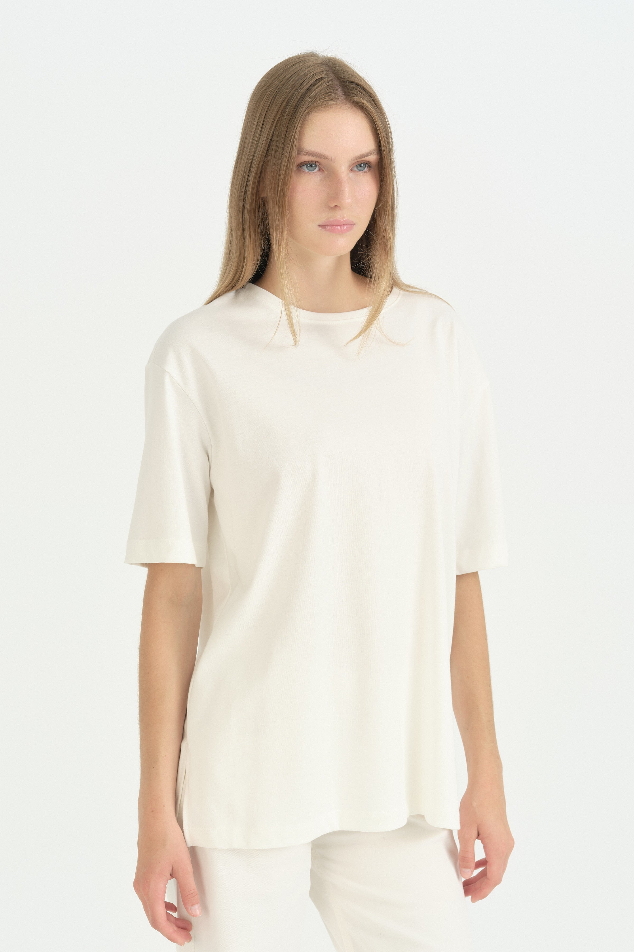 Kısa Kollu Basic Pamuk T-Shirt - Ekru
