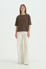 Kısa Kollu Crop Pamuk T-Shirt - Kahve