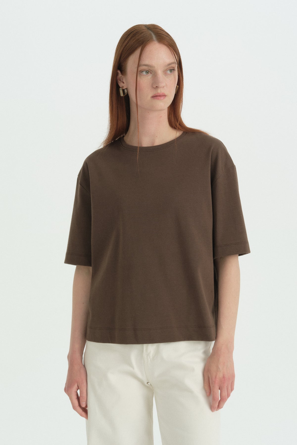 Kısa Kollu Crop Pamuk T-Shirt - Kahve