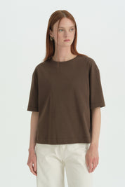 Kısa Kollu Crop Pamuk T-Shirt - Kahve