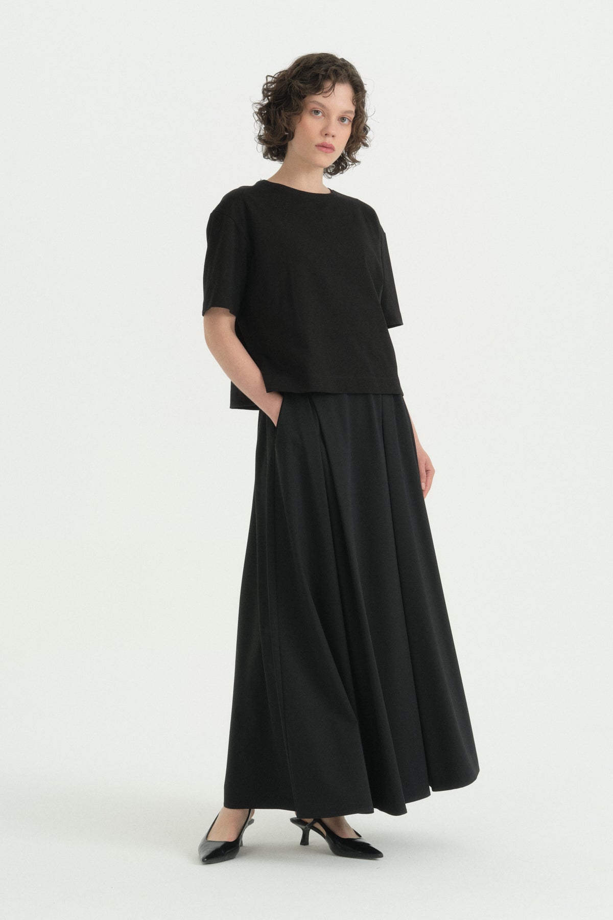 Kısa Kollu Crop Pamuk T-Shirt - Siyah