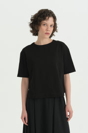 Kısa Kollu Crop Pamuk T-Shirt - Siyah