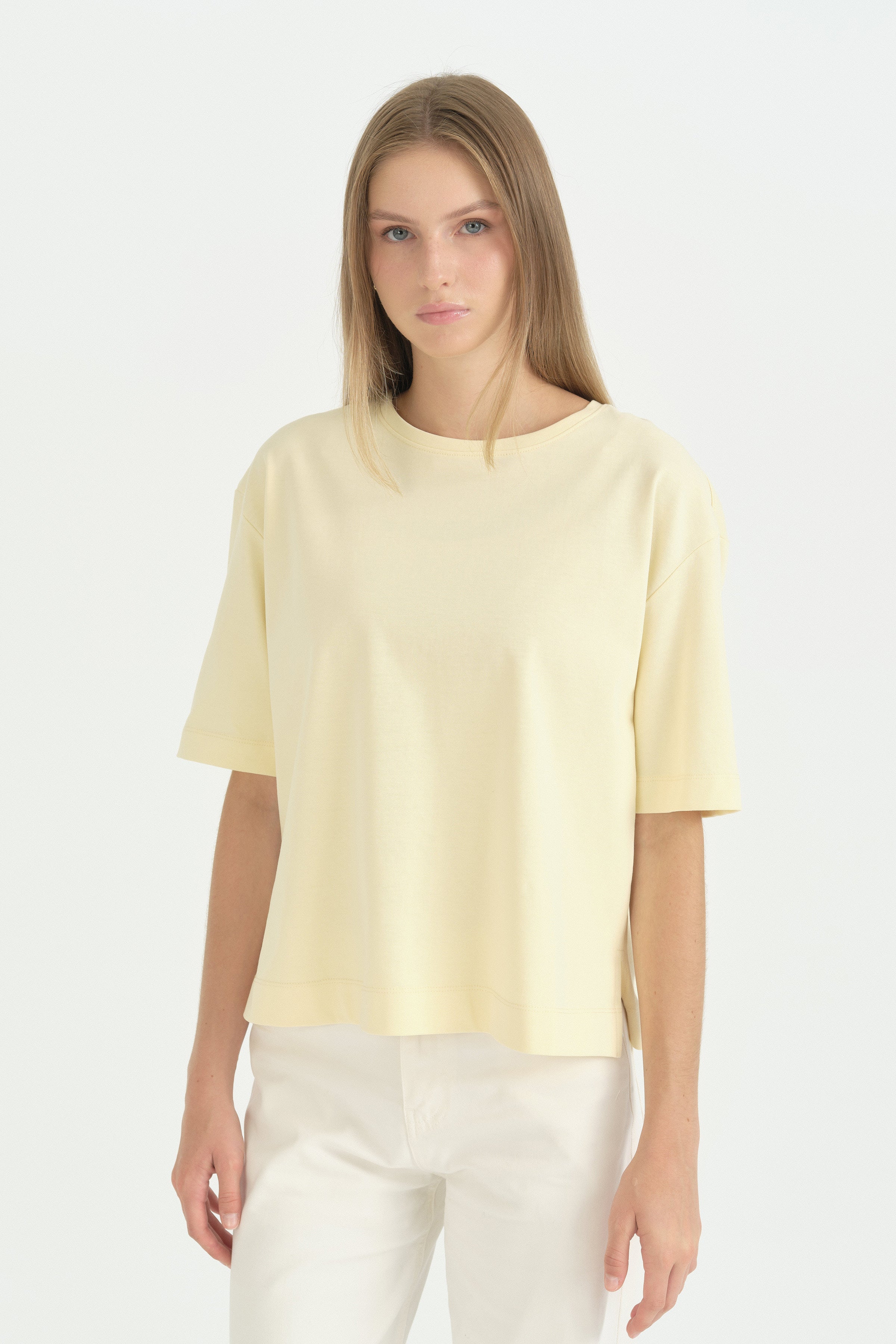 Kısa Kollu Crop Pamuk T-Shirt - Tereyağ Sarısı