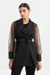 Organza Jacket with Sleeve Detail and Belt - Black