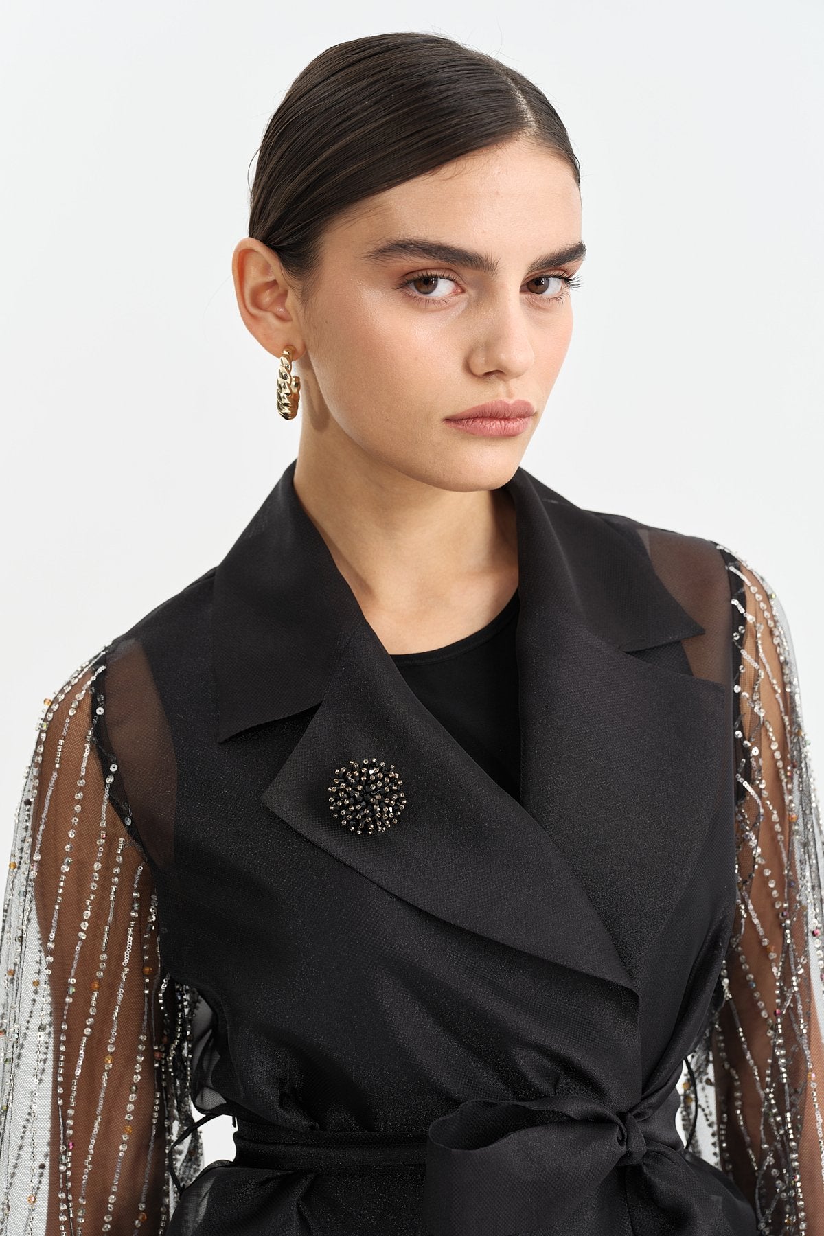 Organza Jacket with Sleeve Detail and Belt - Black