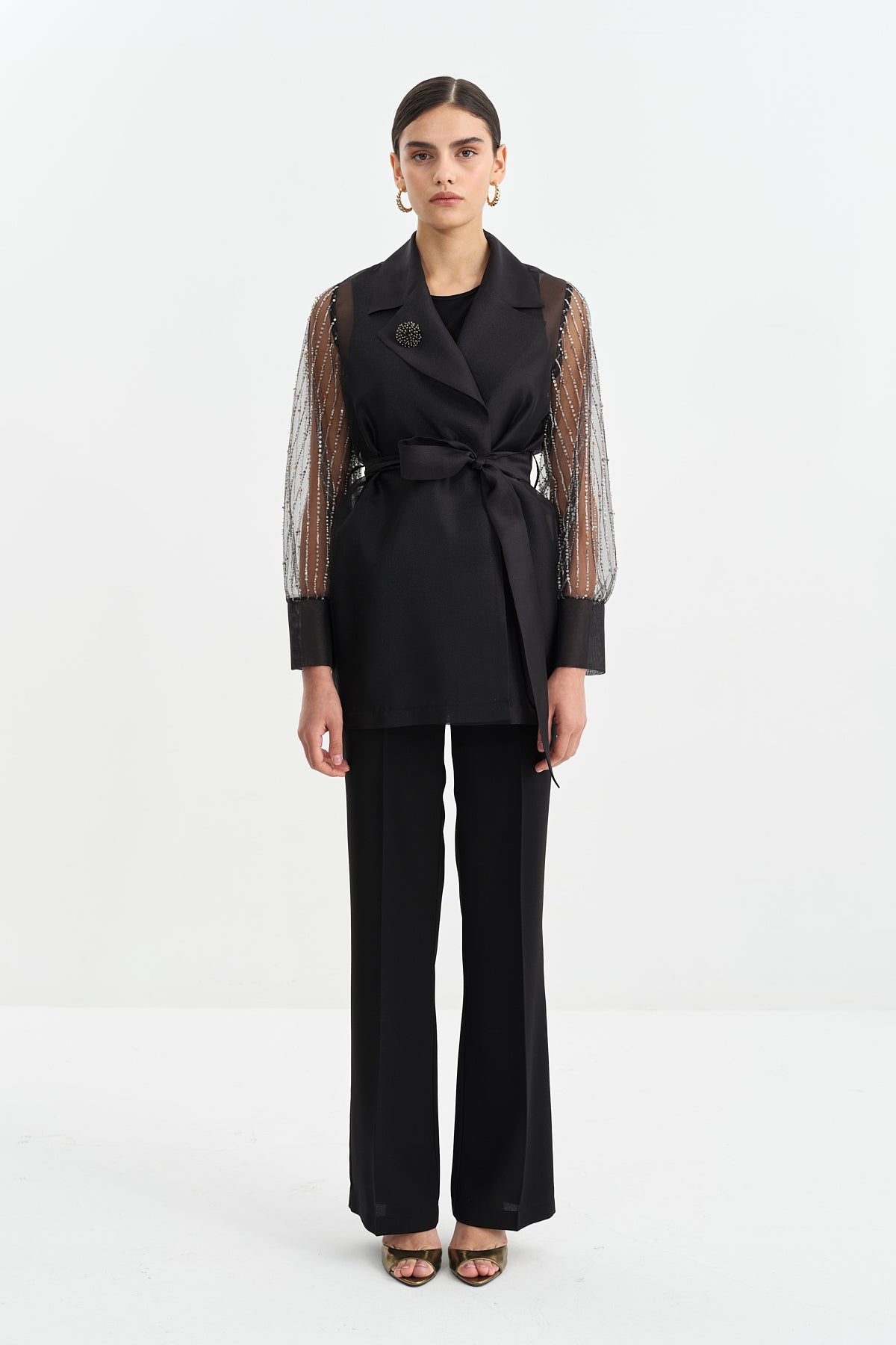 Organza Jacket with Sleeve Detail and Belt - Black