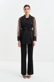 Organza Jacket with Sleeve Detail and Belt - Black
