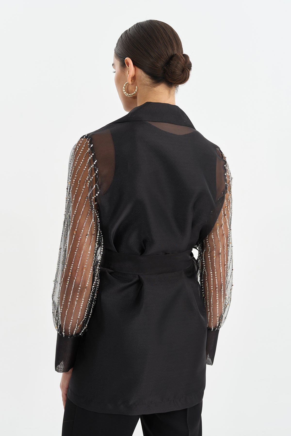 Organza Jacket with Sleeve Detail and Belt - Black