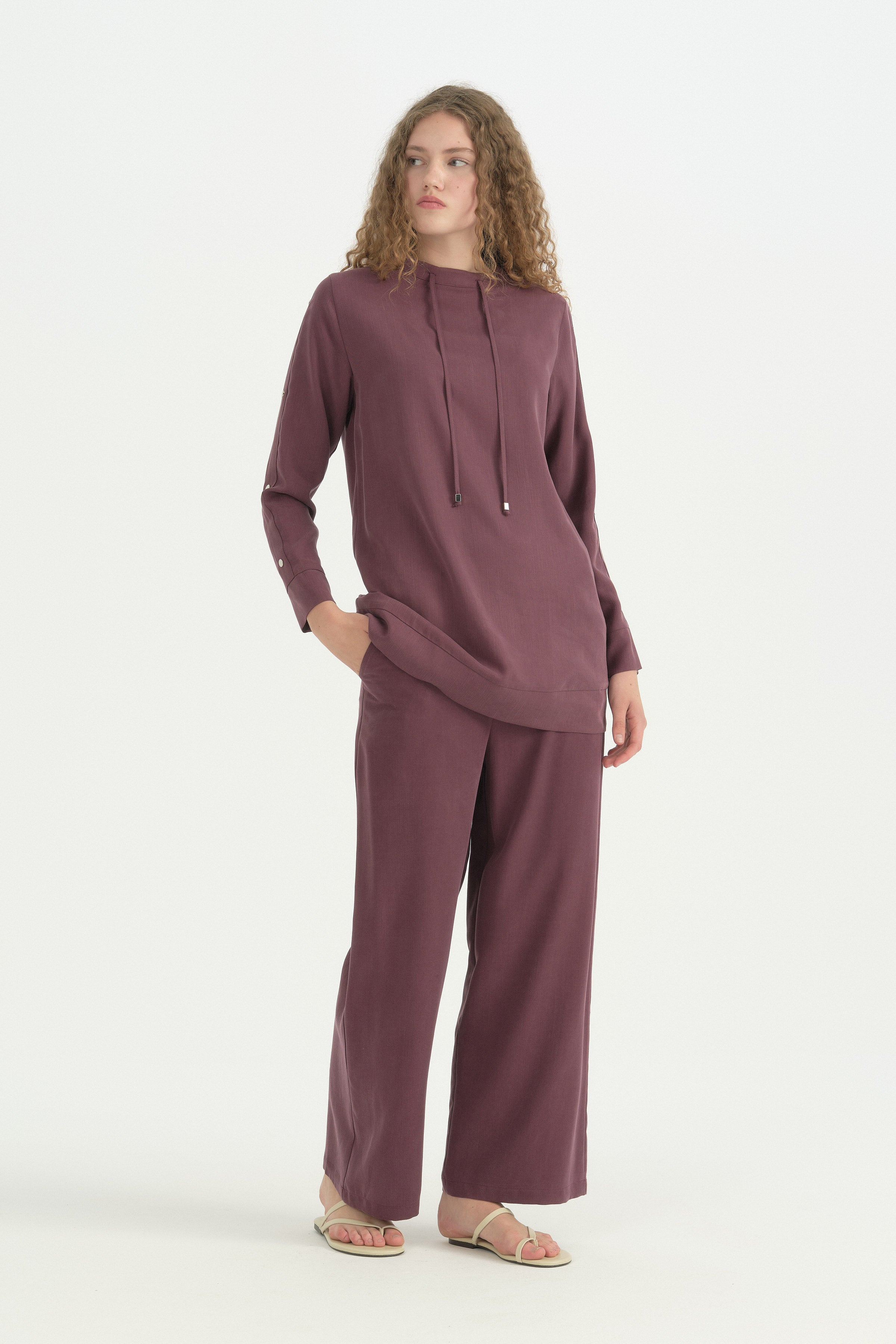Kol Detaylı Lyocell Pantolon Tunik Takım - Mürdüm