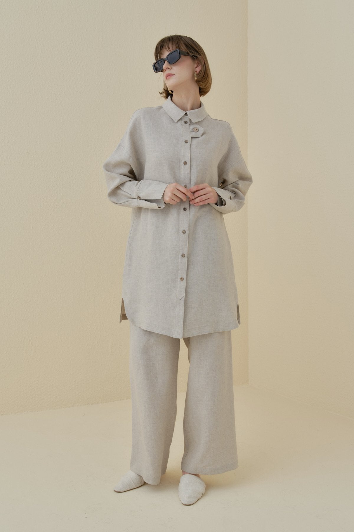 Kol Detaylı Oversize Keten Tunik - Bej