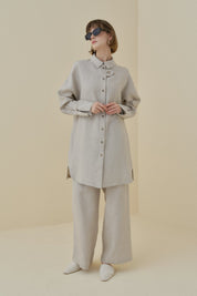 Kol Detaylı Oversize Keten Tunik - Bej