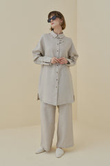 Kol Detaylı Oversize Keten Tunik - Bej