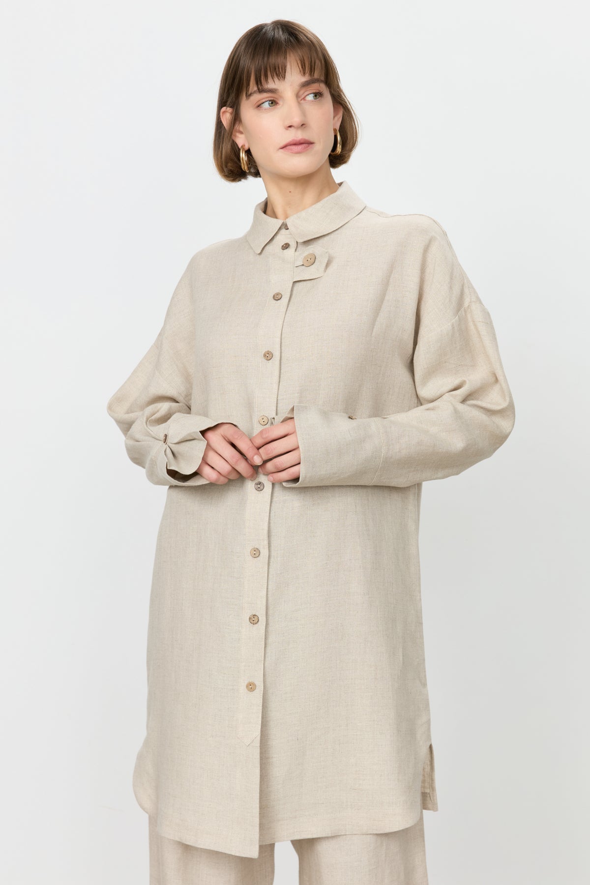 Kol Detaylı Oversize Keten Tunik - Bej