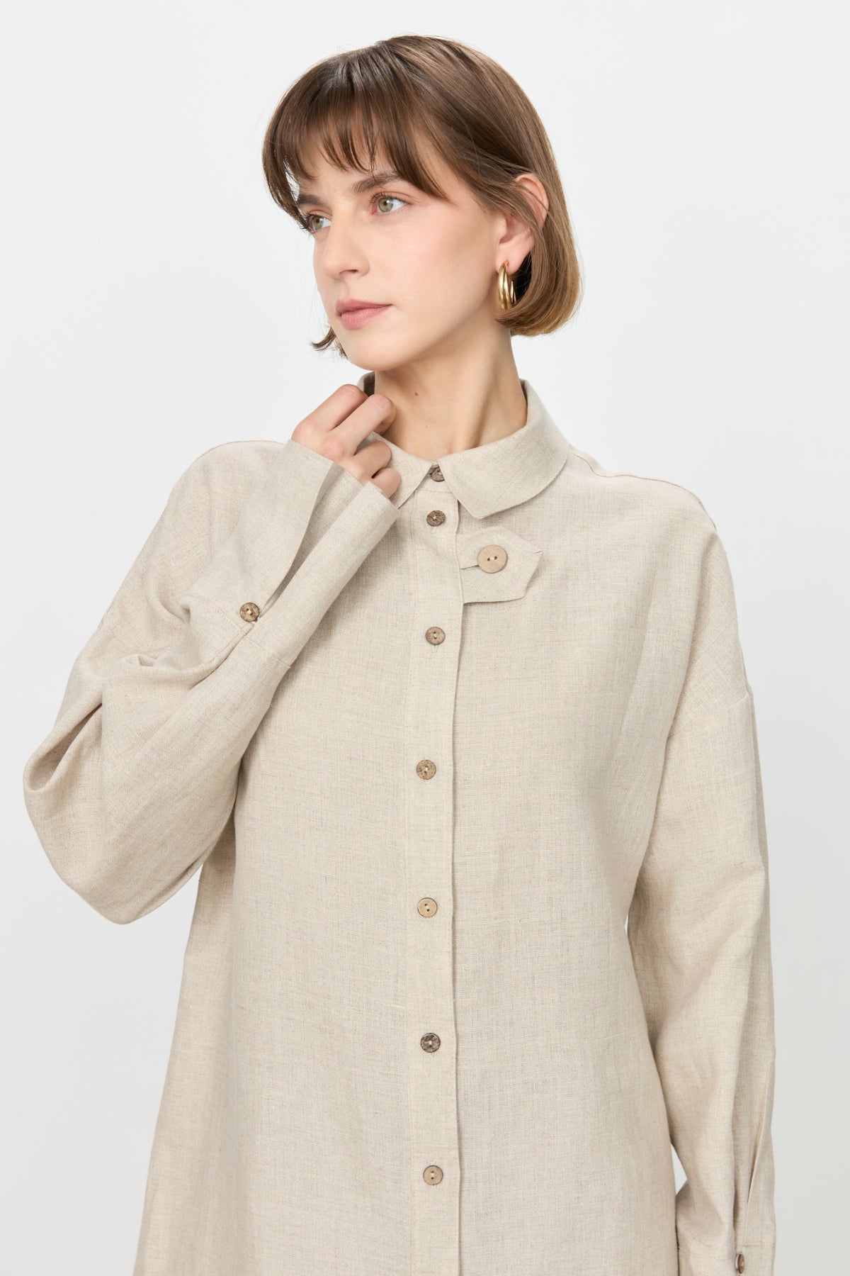 Kol Detaylı Oversize Keten Tunik - Bej