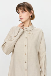 Kol Detaylı Oversize Keten Tunik - Bej