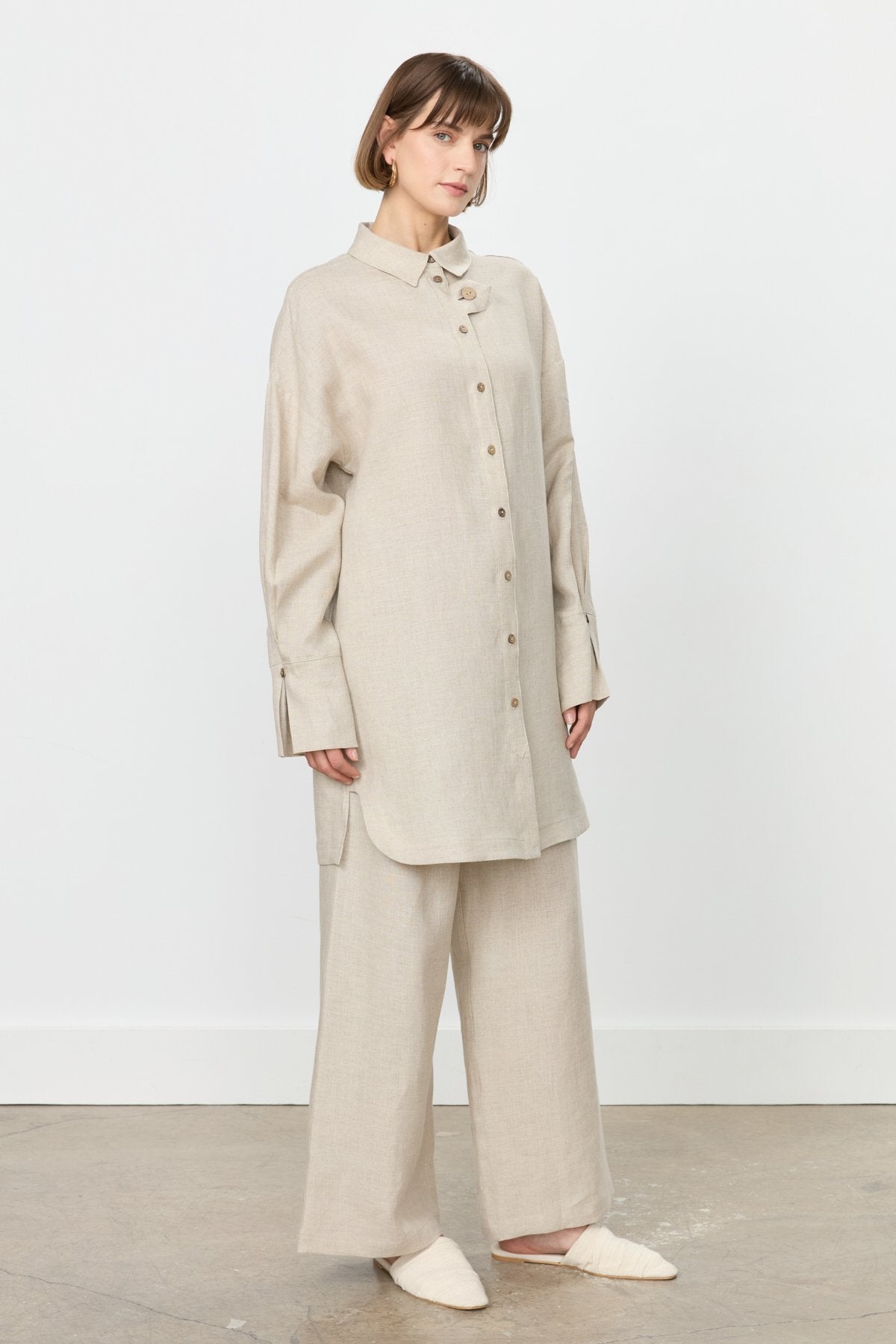 Kol Detaylı Oversize Keten Tunik - Bej