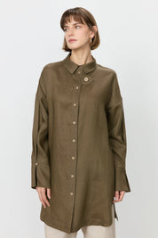 Kol Detaylı Oversize Keten Tunik - Haki
