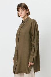 Kol Detaylı Oversize Keten Tunik - Haki