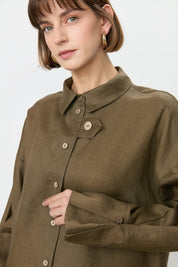 Kol Detaylı Oversize Keten Tunik - Haki
