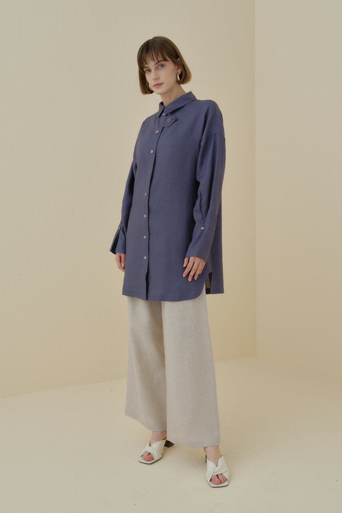 Kol Detaylı Oversize Keten Tunik - İndigo