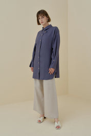 Kol Detaylı Oversize Keten Tunik - İndigo