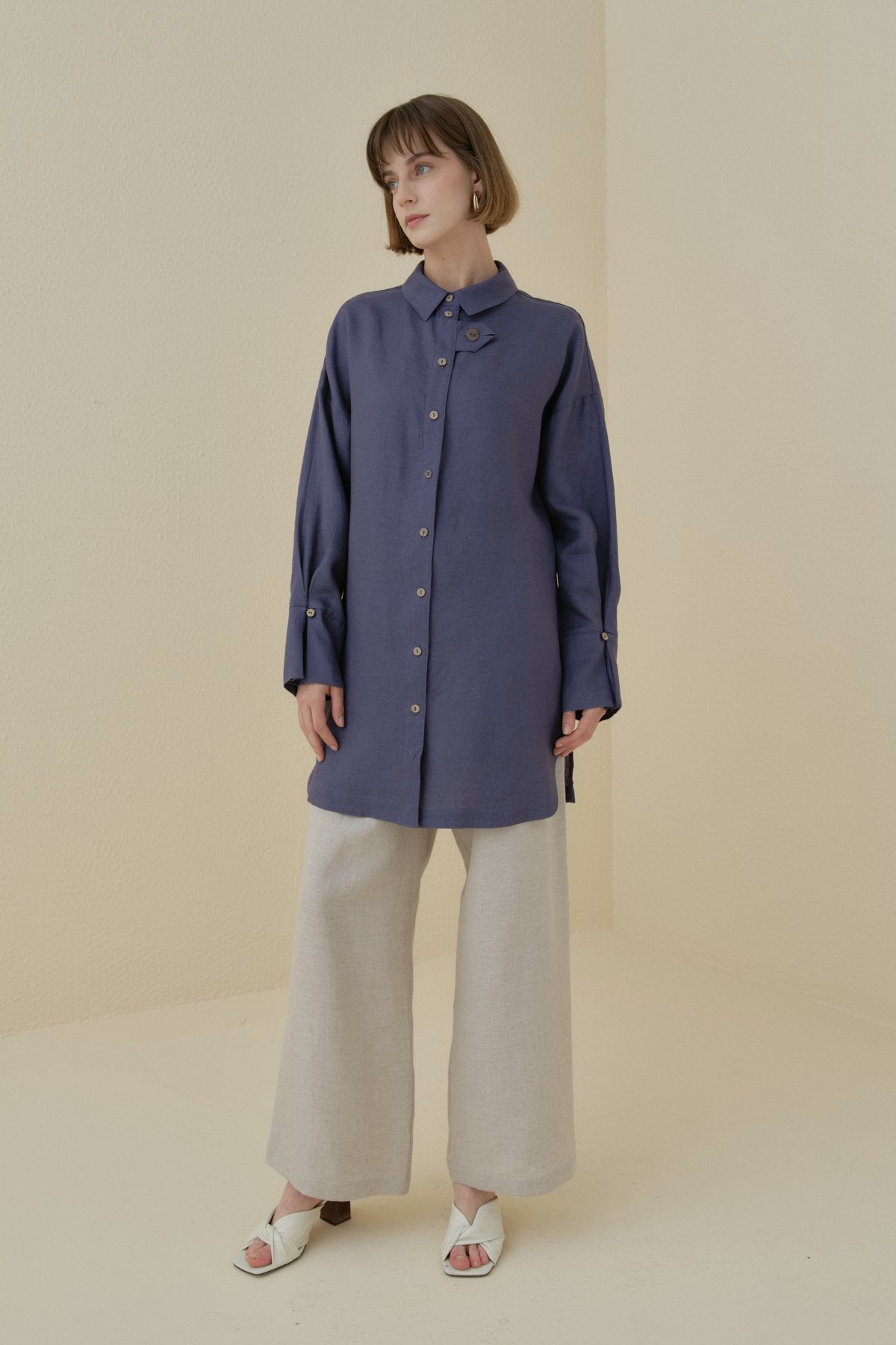 Oversize Linen Tunic with Sleeve Detail - Indigo