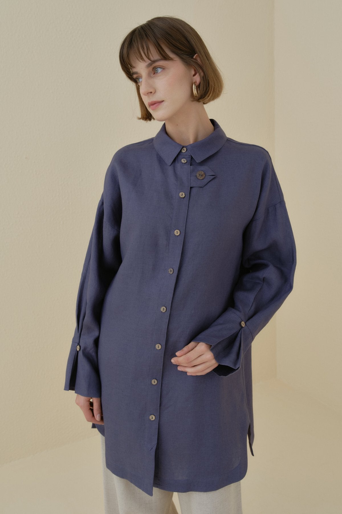 Oversize Linen Tunic with Sleeve Detail - Indigo