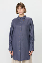 Oversize Linen Tunic with Sleeve Detail - Indigo