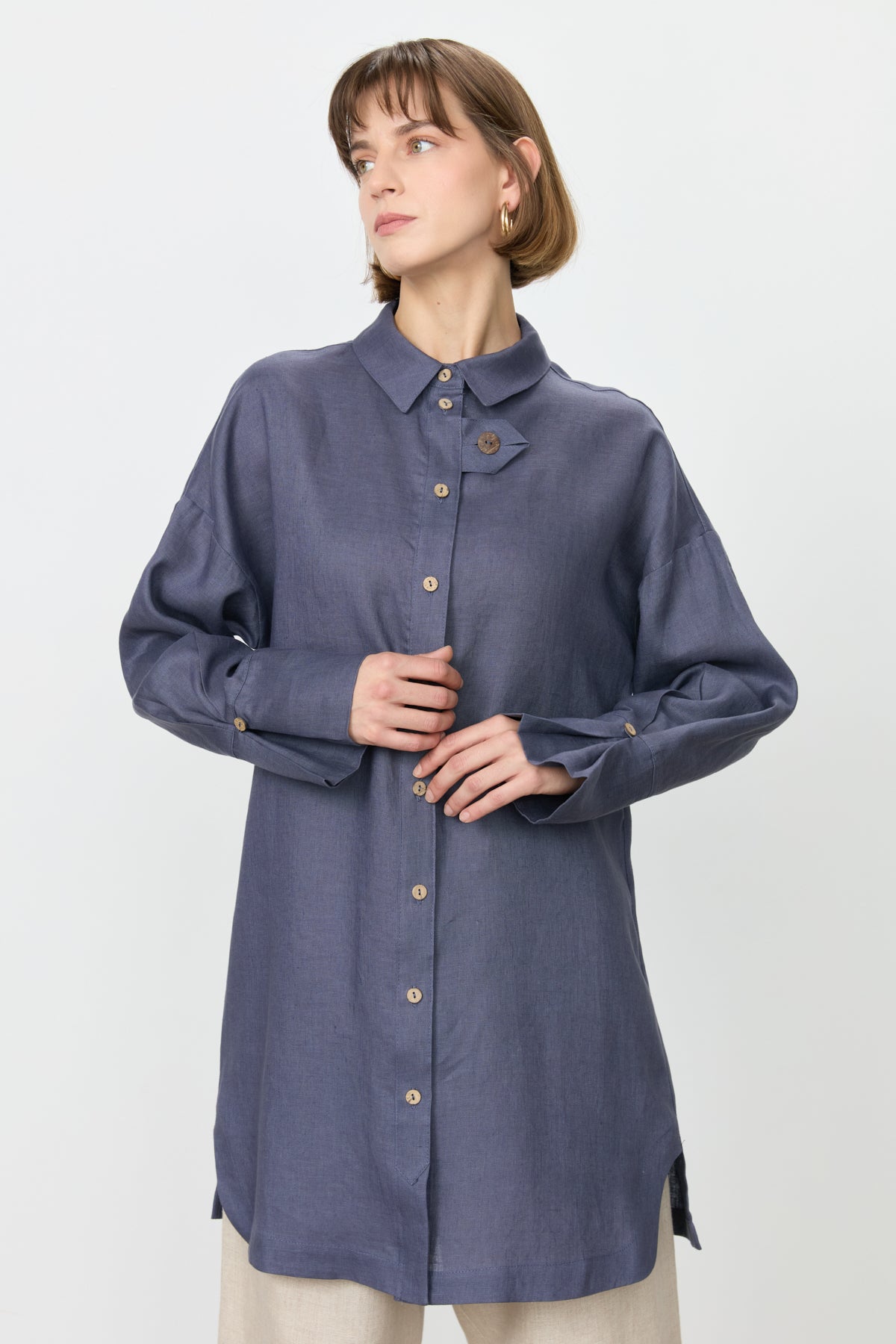 Oversize Linen Tunic with Sleeve Detail - Indigo
