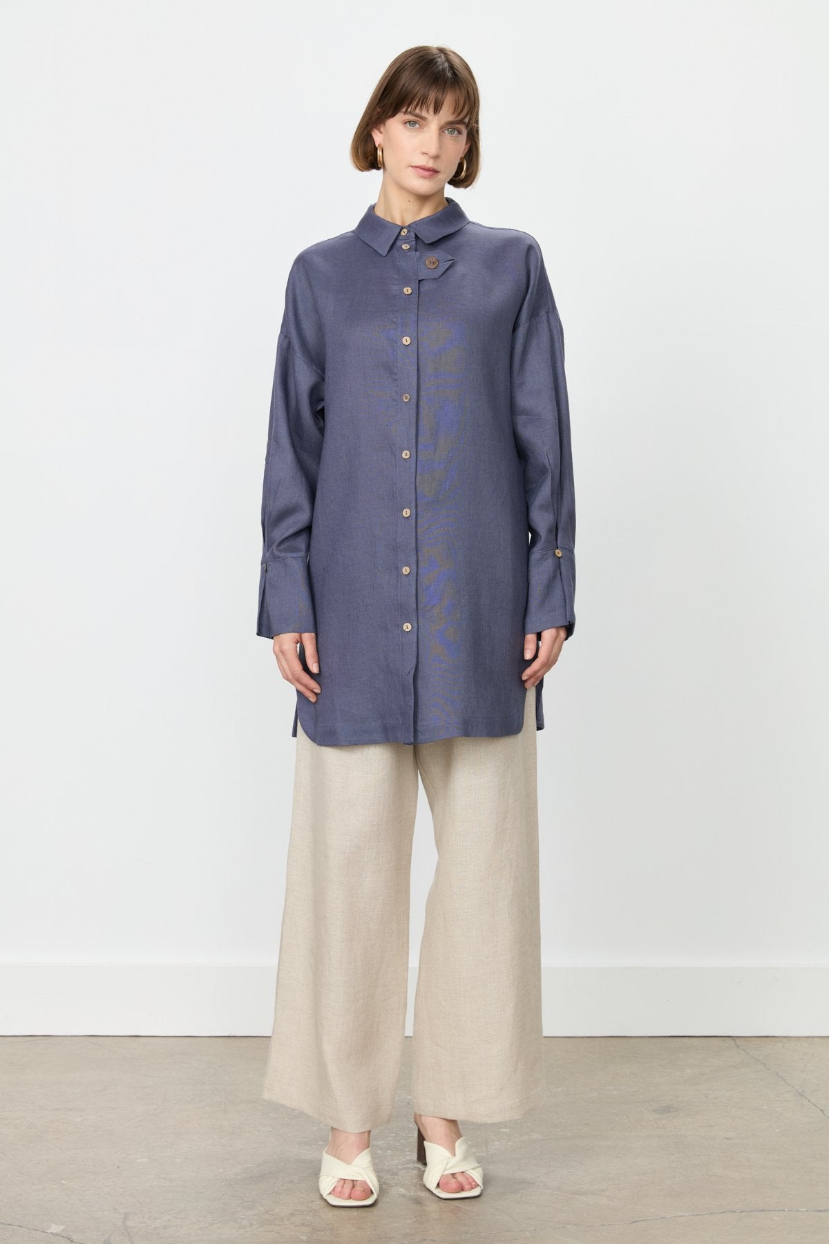 Oversize Linen Tunic with Sleeve Detail - Indigo