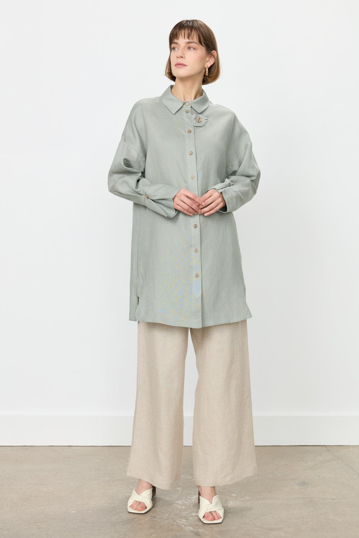 Kol Detaylı Oversize Keten Tunik - Mint