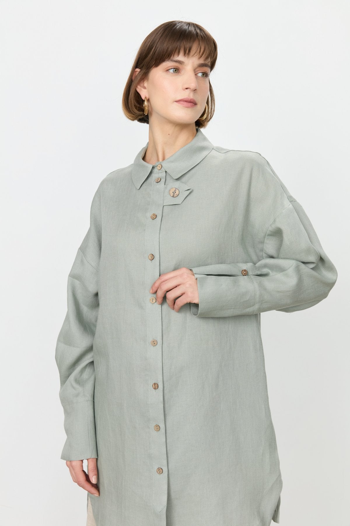 Kol Detaylı Oversize Keten Tunik - Mint