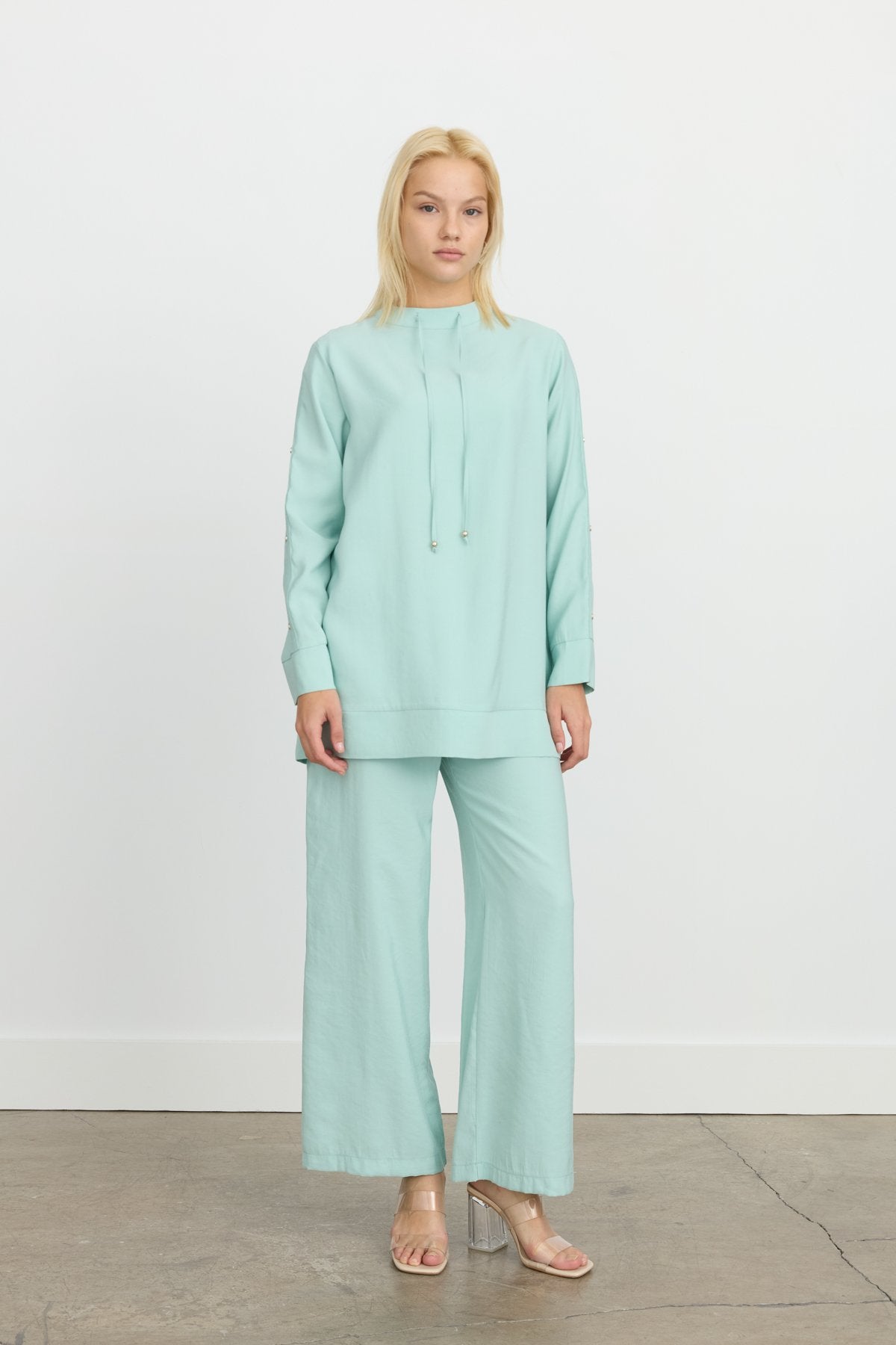 Kol Detaylı Pantolon Tunik Tencel Karışım Takım - Aqua