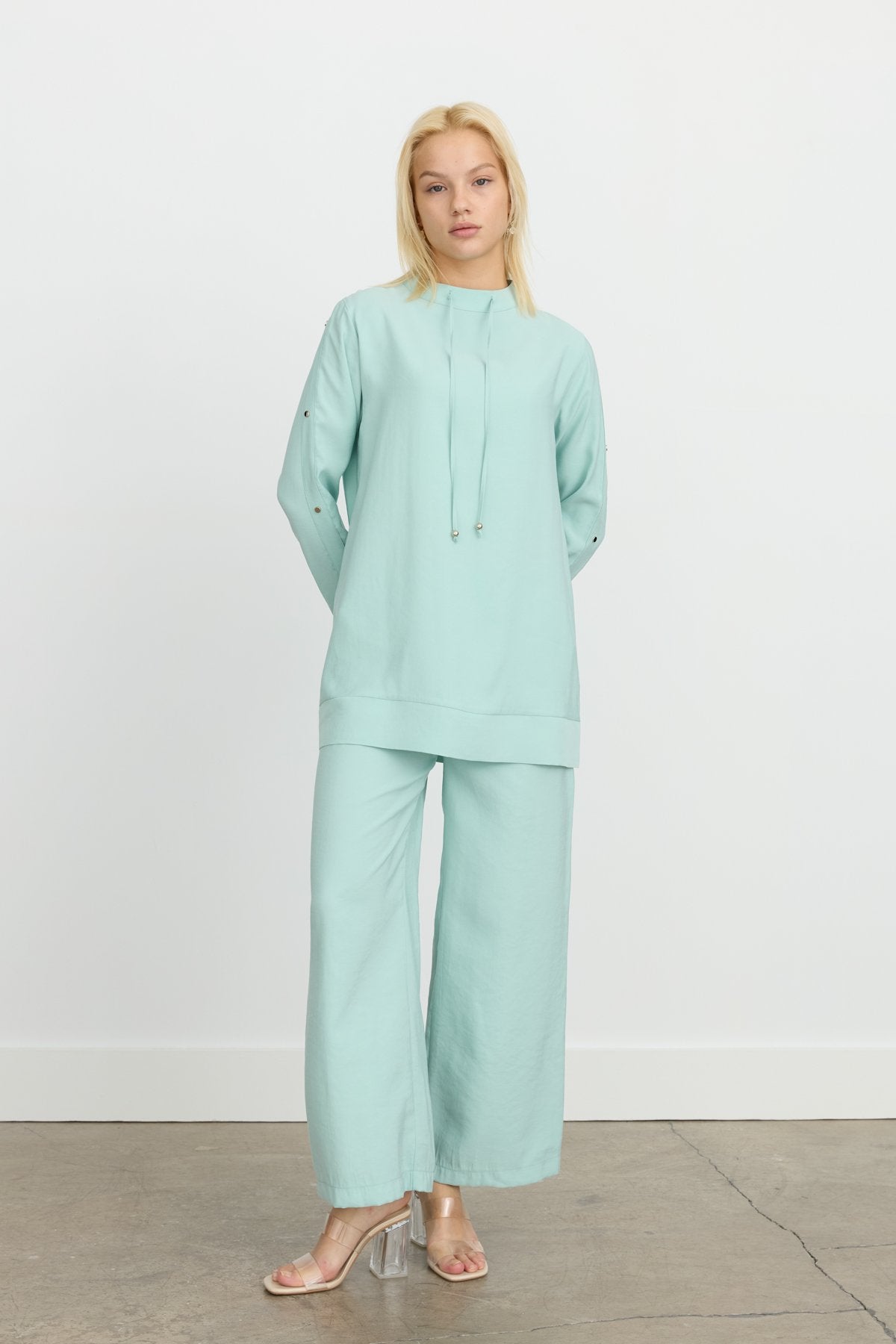 Kol Detaylı Pantolon Tunik Tencel Karışım Takım - Aqua