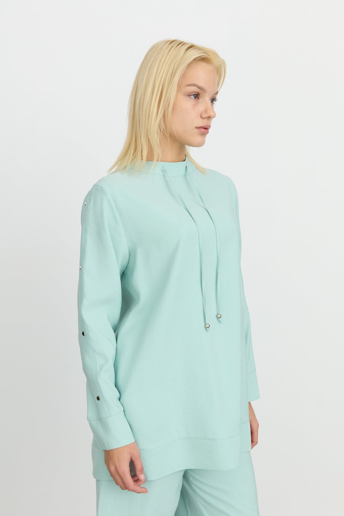 Kol Detaylı Pantolon Tunik Tencel Karışım Takım - Aqua