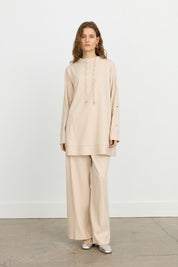 Sleeve Detail Pants and Tunic Set - Tencel Blend - Beige