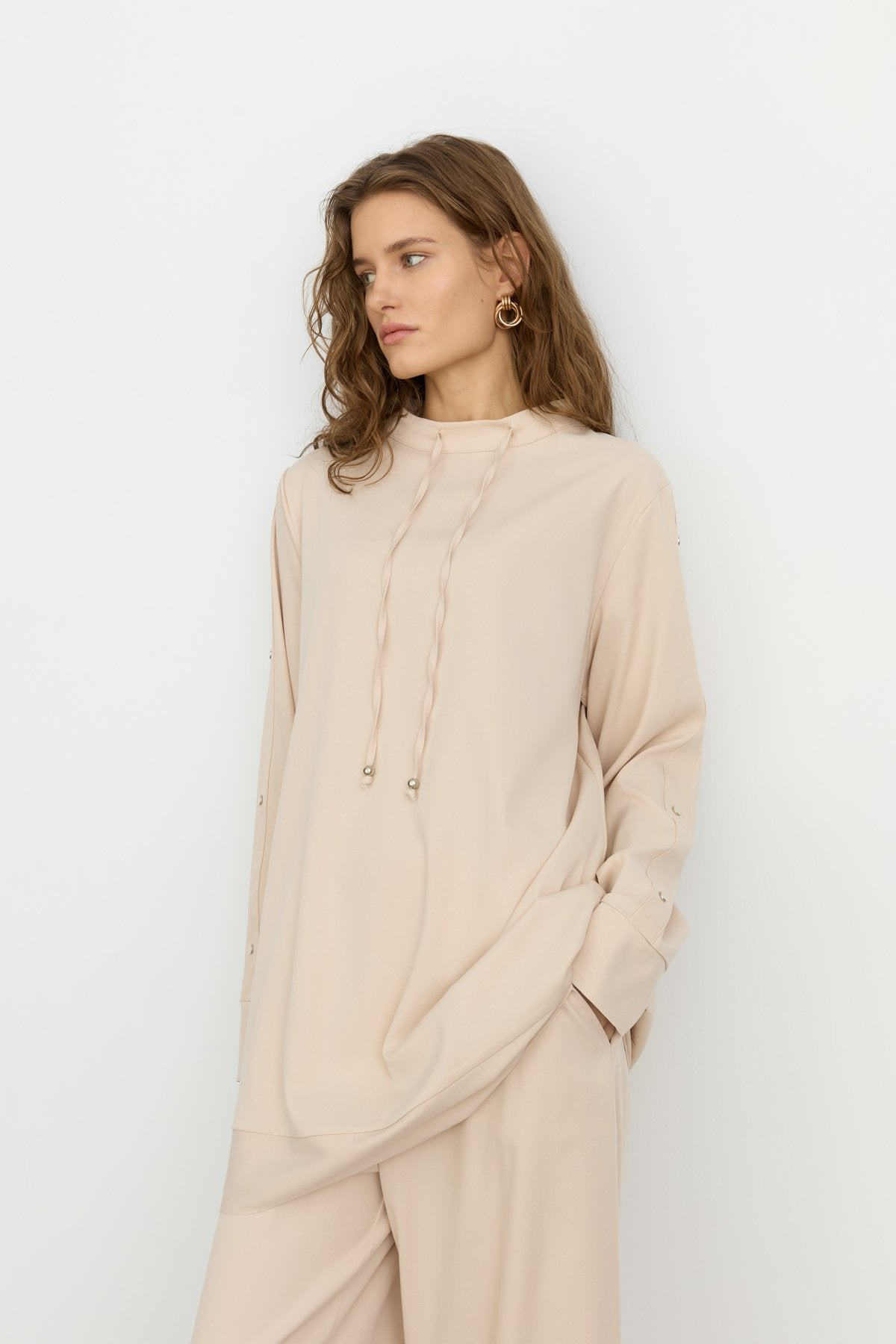 Sleeve Detail Pants and Tunic Set - Tencel Blend - Beige