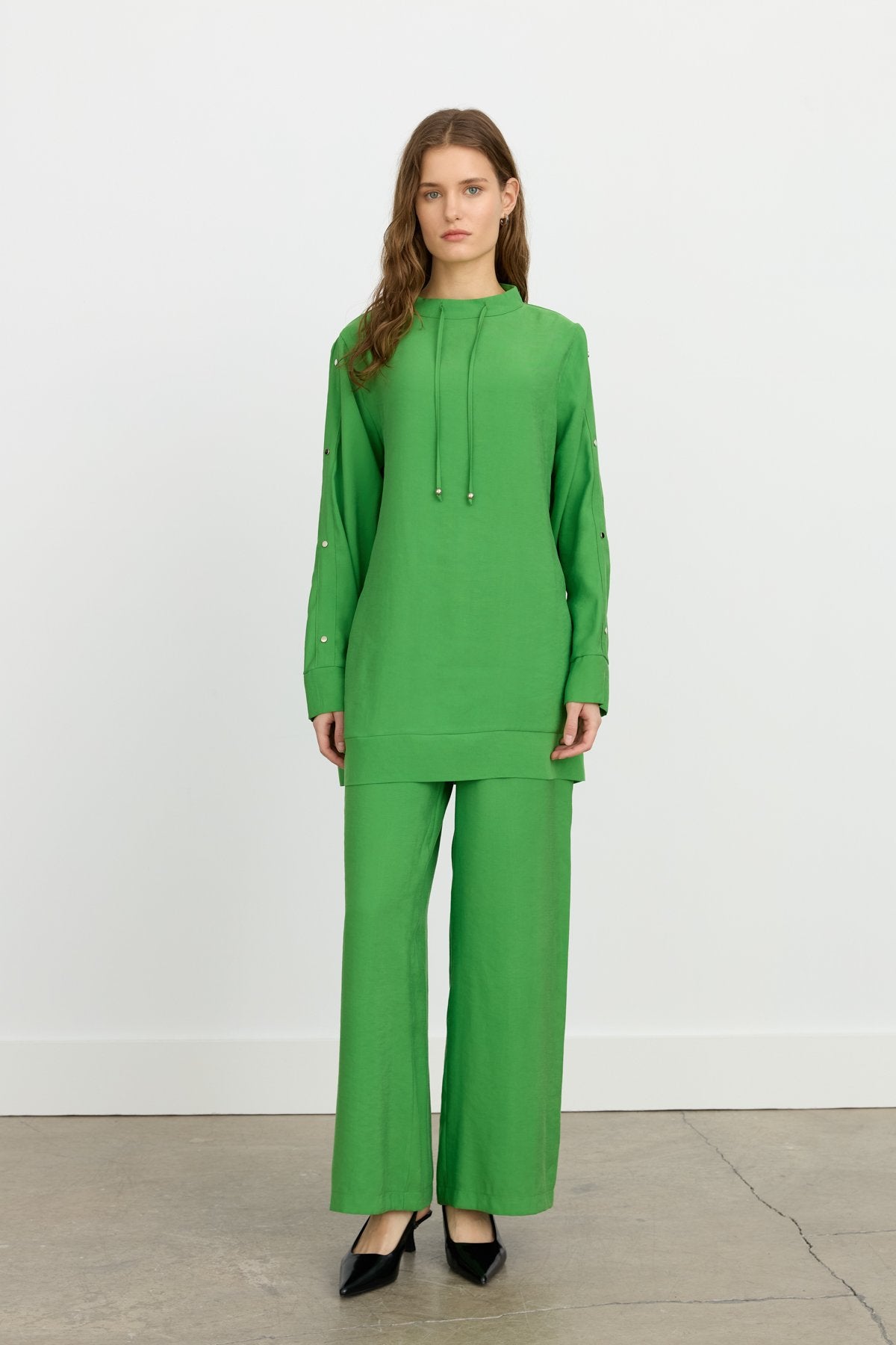 Kol Detaylı Pantolon Tunik Tencel Karışım Takım - Benetton Yeşili