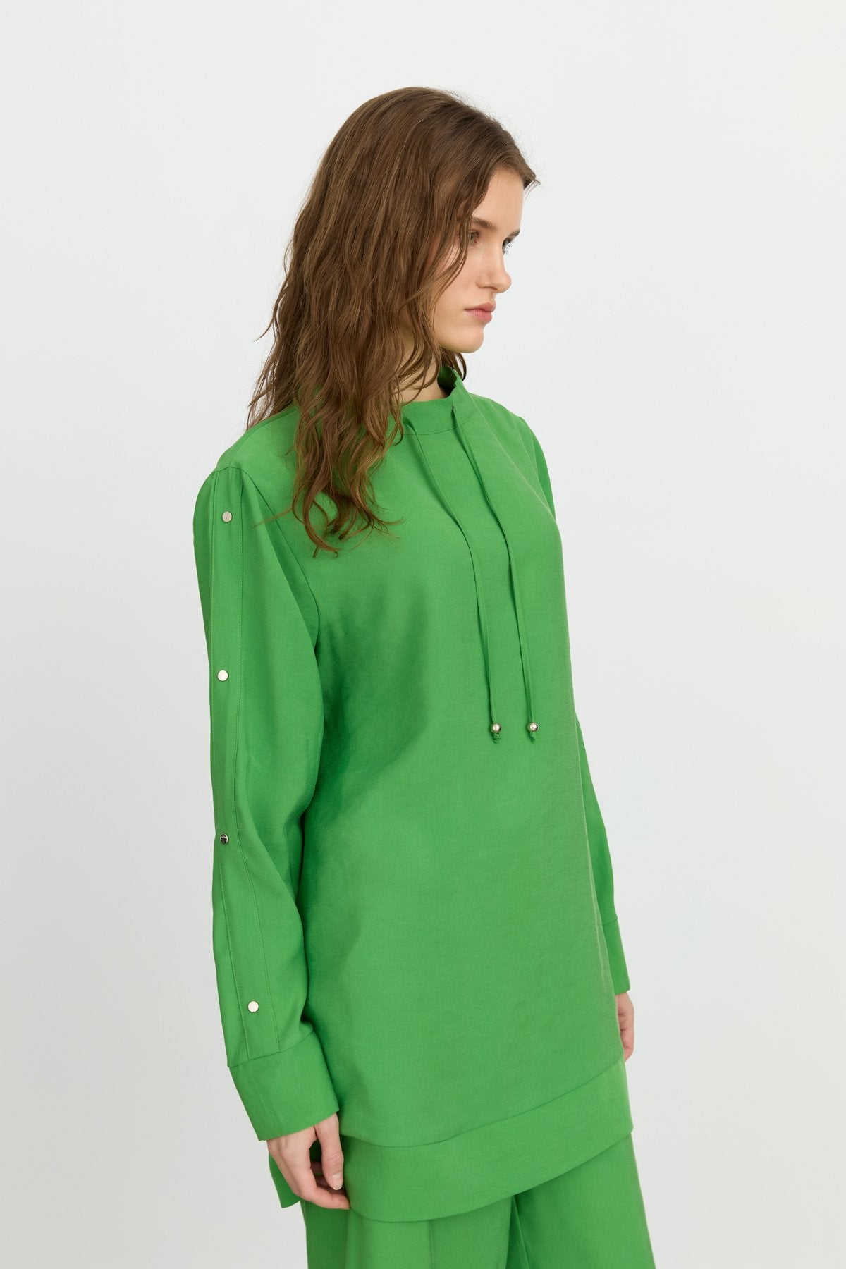 Kol Detaylı Pantolon Tunik Tencel Karışım Takım - Benetton Yeşili