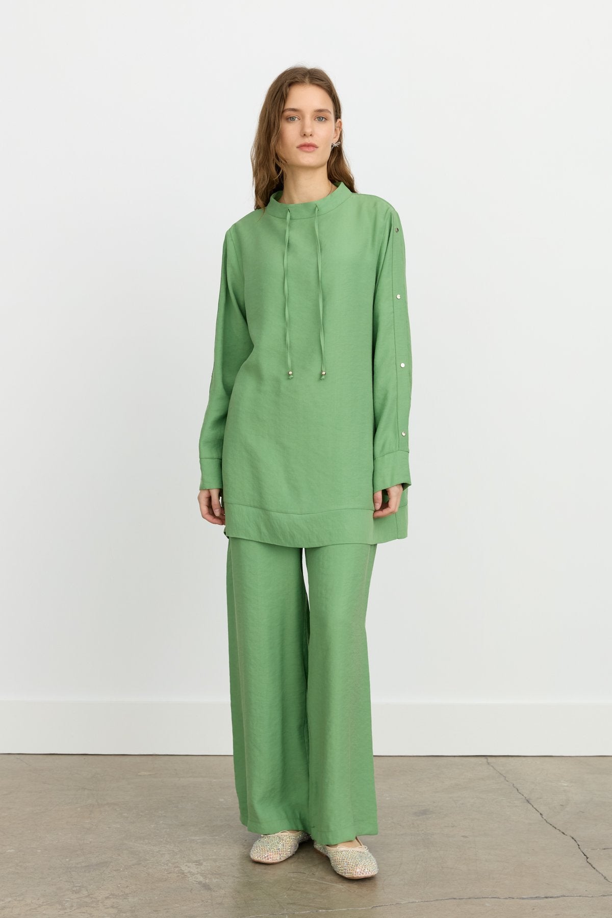 Sleeve Detail Pants and Tunic Set - Benetton Green - Black