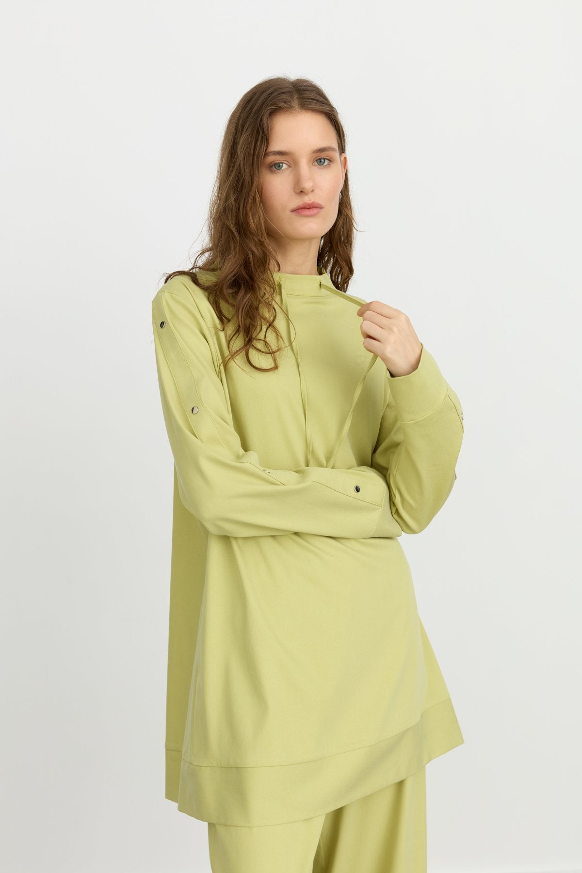 Kol Detaylı Pantolon Tunik Tencel Karışım Takım - Fıstık Yeşili