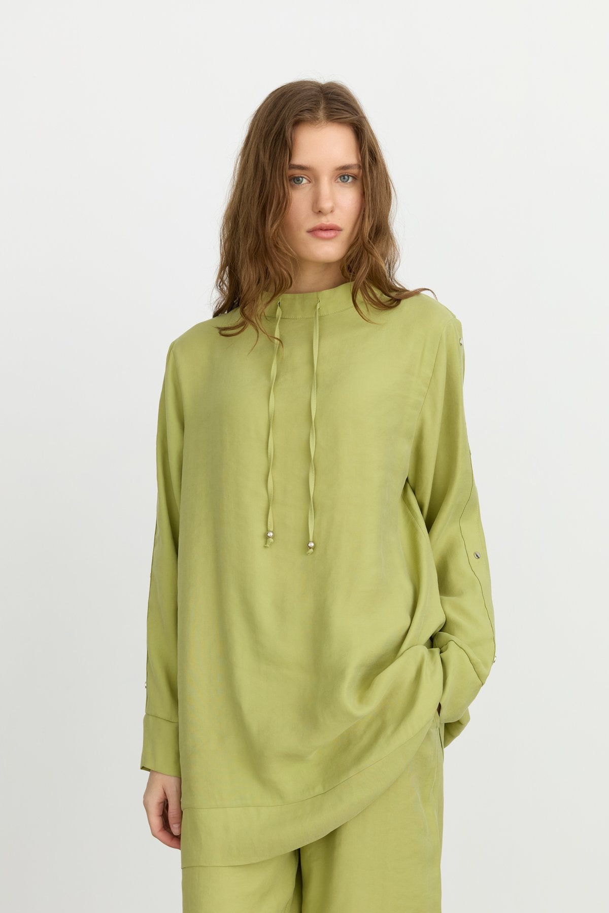 Kol Detaylı Pantolon Tunik Tencel Karışım Takım - Fıstık Yeşili