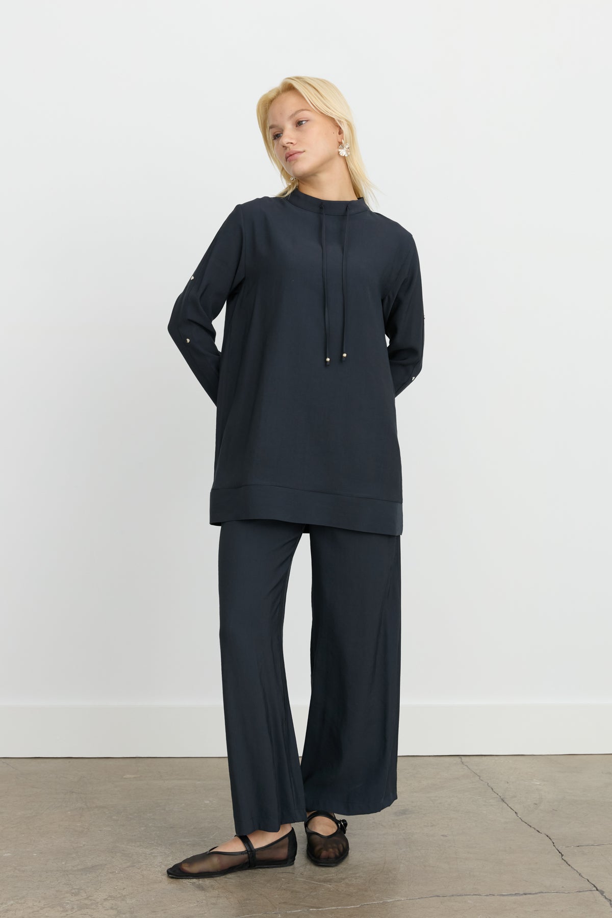 Sleeve Detail Pants Tunic Tencel Blend Set - Smoke Gray