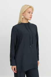 Sleeve Detail Pants Tunic Tencel Blend Set - Smoke Gray