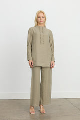 Tencel Blend Tunic Set with Arm Detail Pants - Khaki