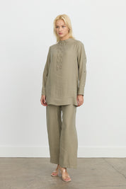 Tencel Blend Tunic Set with Arm Detail Pants - Khaki