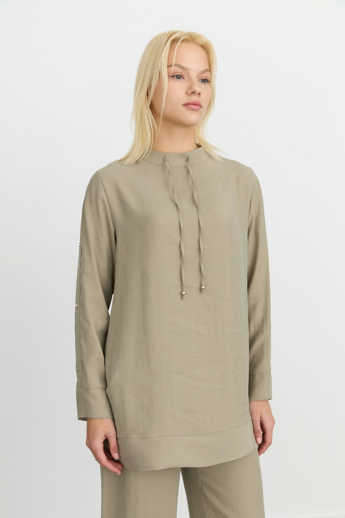 Tencel Blend Tunic Set with Arm Detail Pants - Khaki