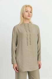 Tencel Blend Tunic Set with Arm Detail Pants - Khaki
