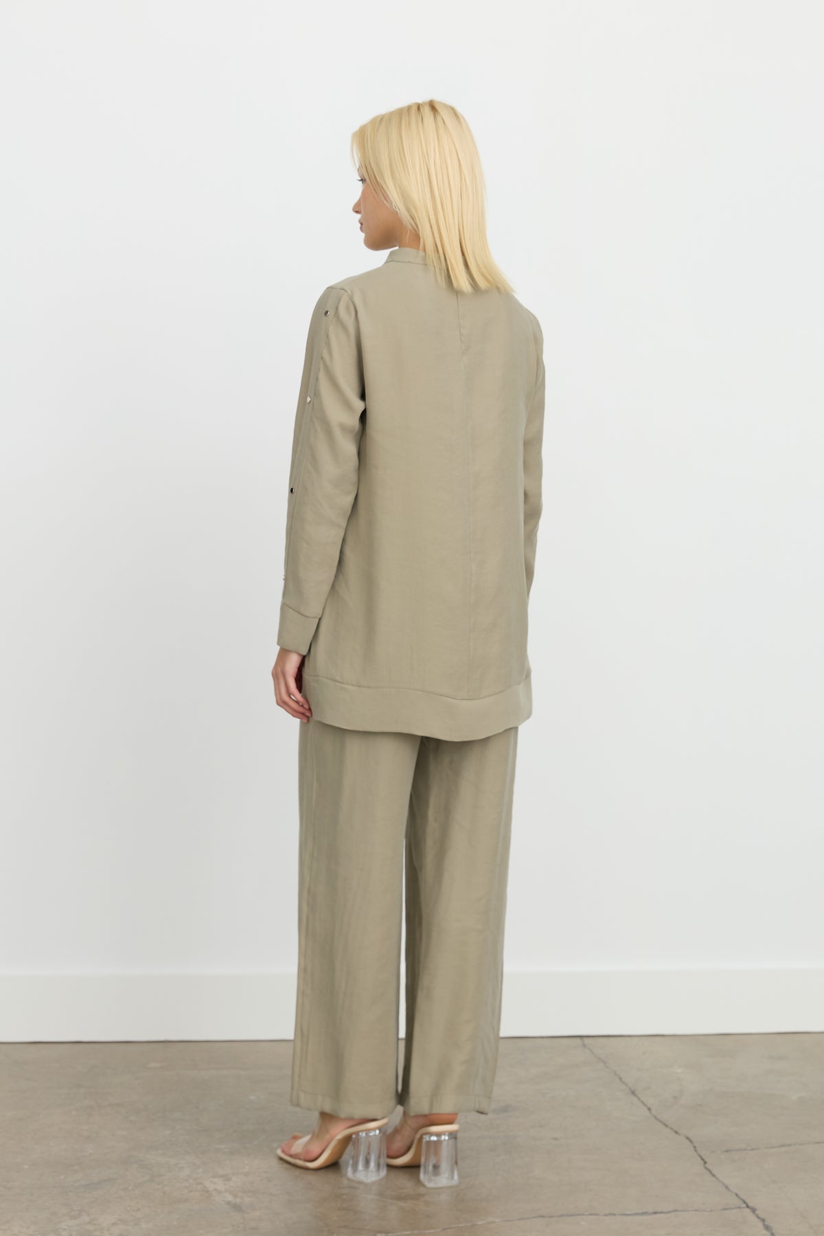 Tencel Blend Tunic Set with Arm Detail Pants - Khaki